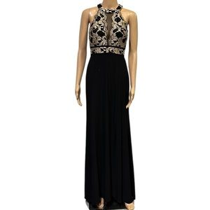 Morgan Co Black Scallop Lace Bodice Slit Front Sleeveless Maxi Dress Gown Size 6